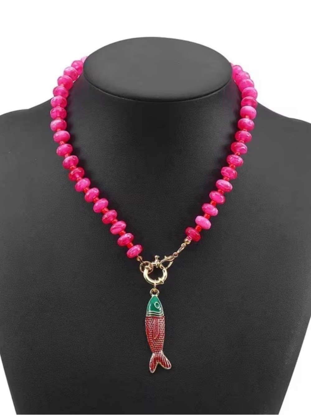 Anthropologie Pink Beaded Necklace with Red & Green Fish Pendant NWOT - Picture 3 of 3